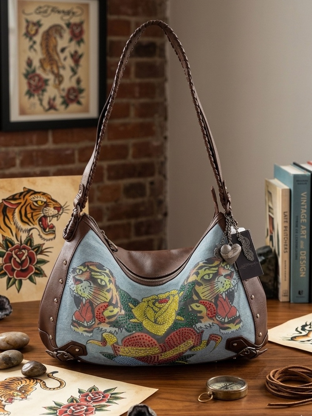 Ed Hardy Dual Tiger & Rose Rhinestone Denim Hobo Bag